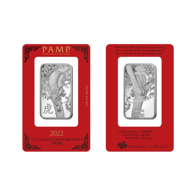 Suisse Pamp Lunar Calendar - Year Of The Tiger Silver Bar 1 Oz 2022