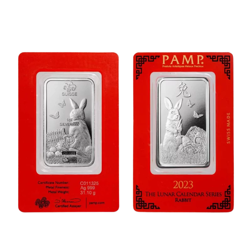 Suisse Pamp Lunar Calendar – Year Of The Rabbit Silver Bar 1 Oz 2023