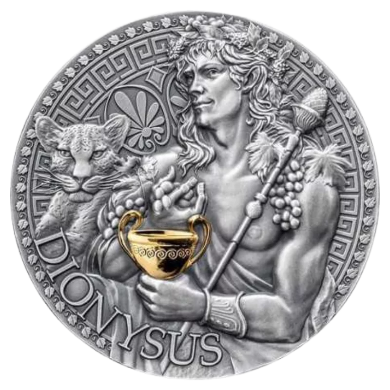 Great Greek Mythology – Dionysus Silver Gilded Coin Antiqued 1 Oz 2024