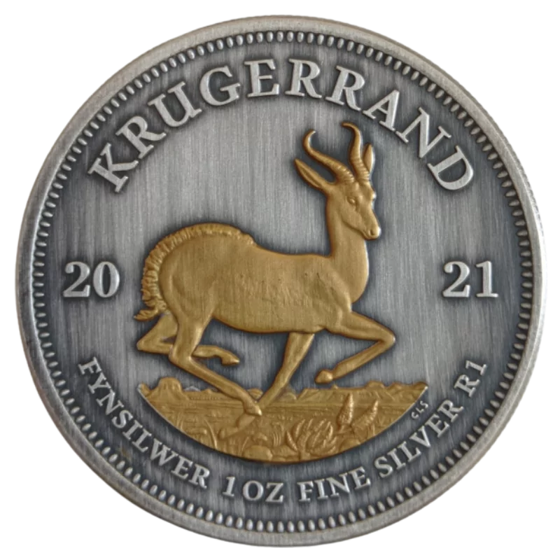 Krugerrand Silver Gilded Coin Antiqued 1 Oz 2021