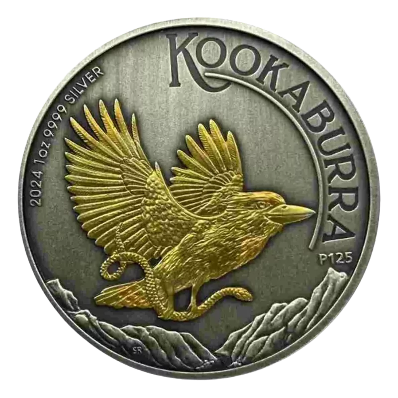 Australian Kookaburra Silver Gilded Coin Antiqued 1 Oz 2024