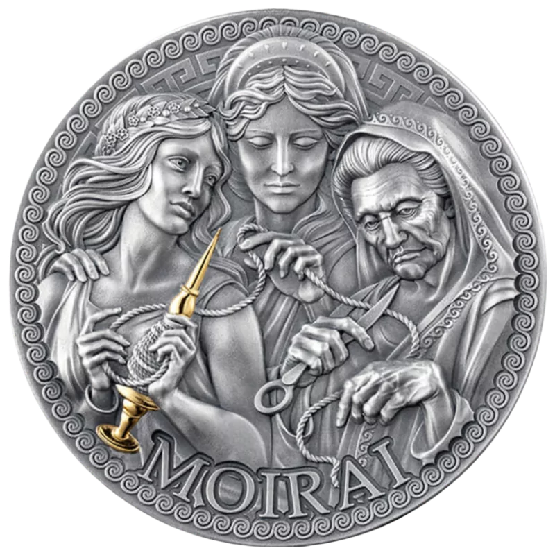 Great Greek Mythology – Moirai Silver Gilded Coin Antiqued 1 Oz 2025