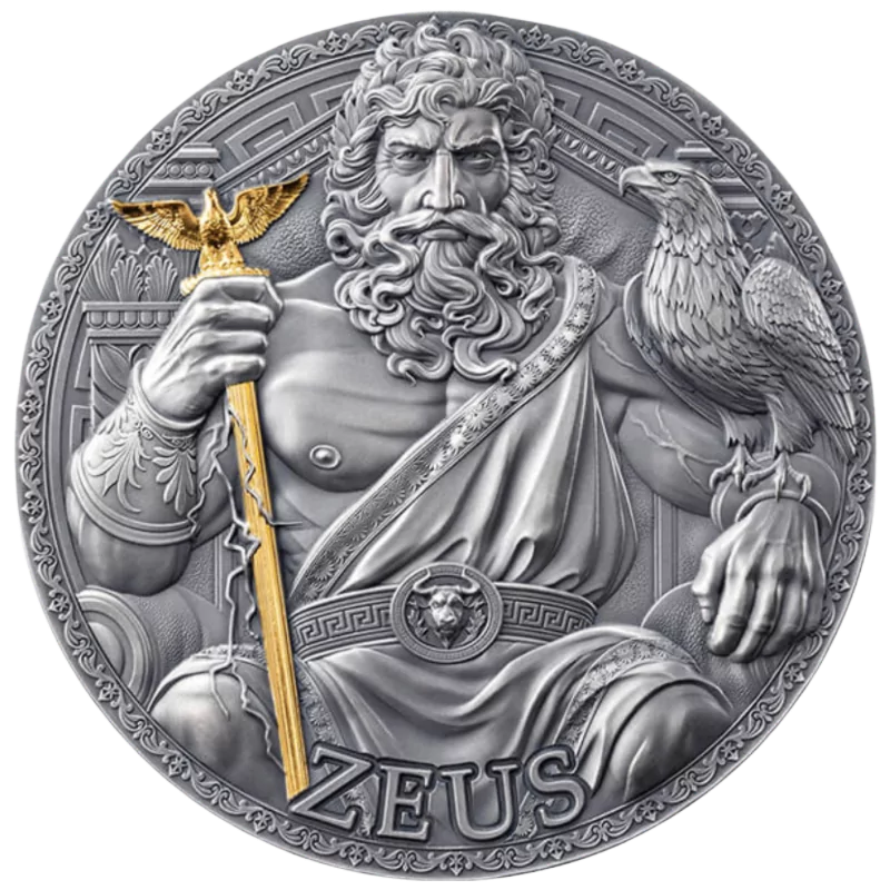 Great Greek Mythology – Zeus Silver Gilded Coin Antiqued 3 Oz 2025