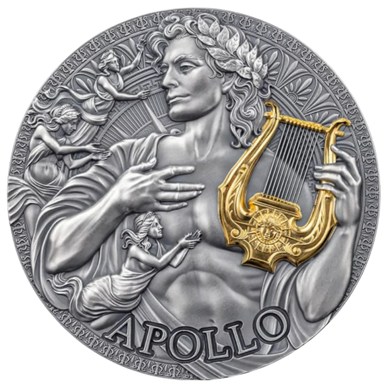 Great Greek Mythology – Apollo Silver Gilded Coin Antiqued 2 Oz 2025