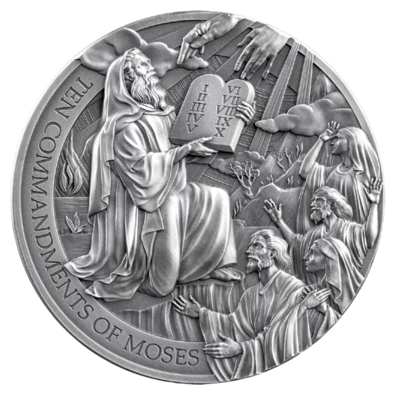 Bible Stories - Ten Commandments of Moses Silver Coin Antiqued 2 Oz 2024