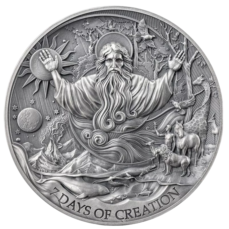 Bible Stories - Seven Days of Creation Silver Coin Antiqued 2 Oz 2024