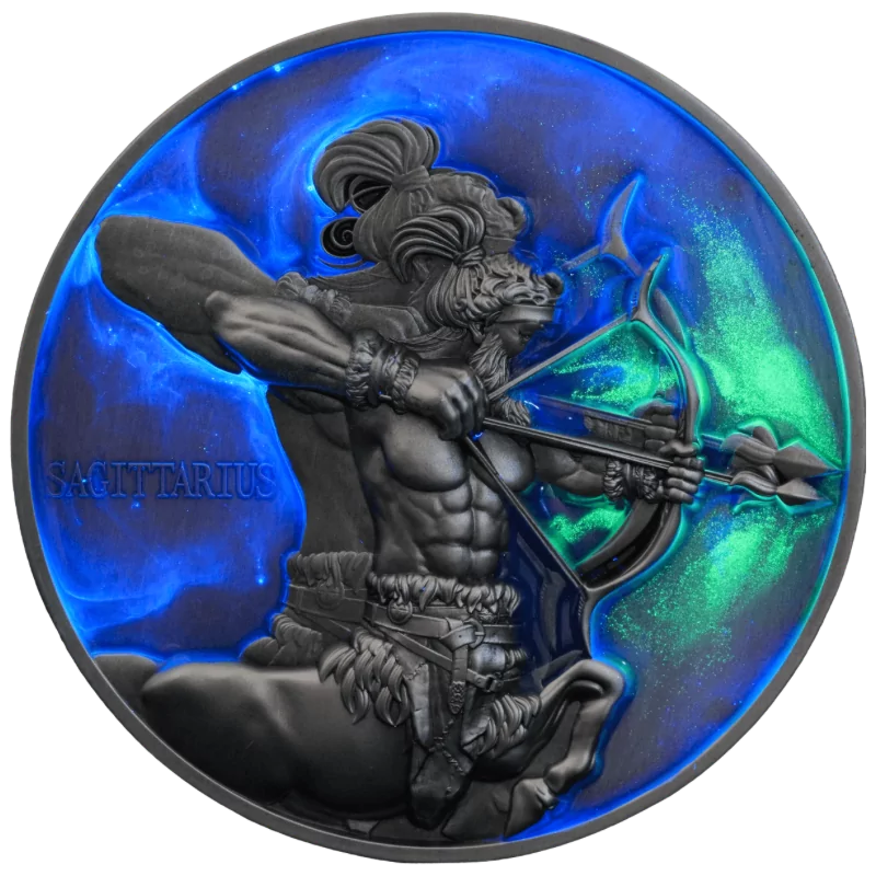 Sagittarius - Zodiac Sign Silver Coin Antiqued Glow in Dark UV 5 Oz 2024