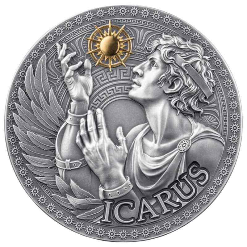 Great Greek Mythology – Icarus Silver Gilded Coin Antiqued 1 Oz 2025