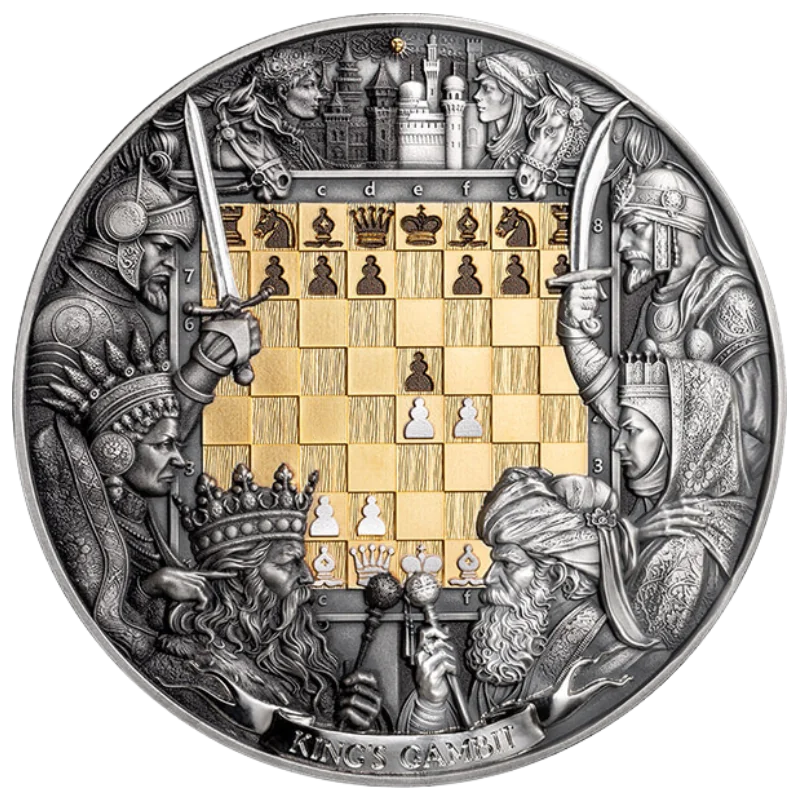 Chess Battle - King's Gambit Silver Gilded Coin Antiqued 3 Oz 2025