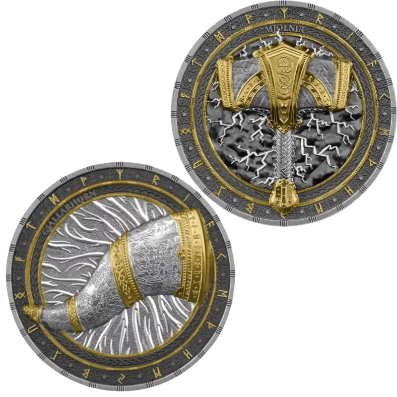 Artefacts Gjallarhorn & Mjolnir Silver Gilded Coin Set 2 x 2 Oz