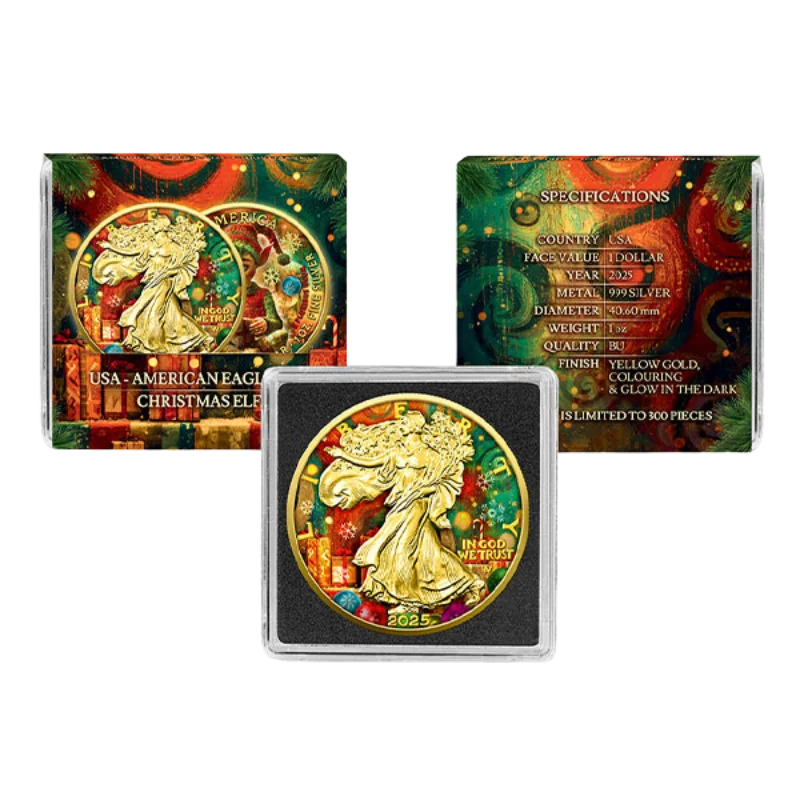 American Eagle - Christmas Elf Silver Yellow Gilded Color Coin Glow in Dark 1 Oz 2025
