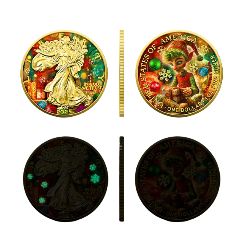 American Eagle - Christmas Elf Silver Yellow Gilded Color Coin Glow in Dark 1 Oz 2025