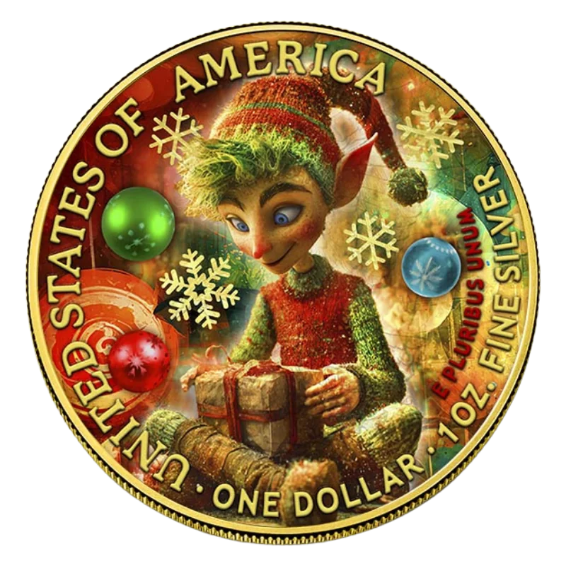 American Eagle - Christmas Elf Silver Yellow Gilded Color Coin Glow in Dark 1 Oz 2025