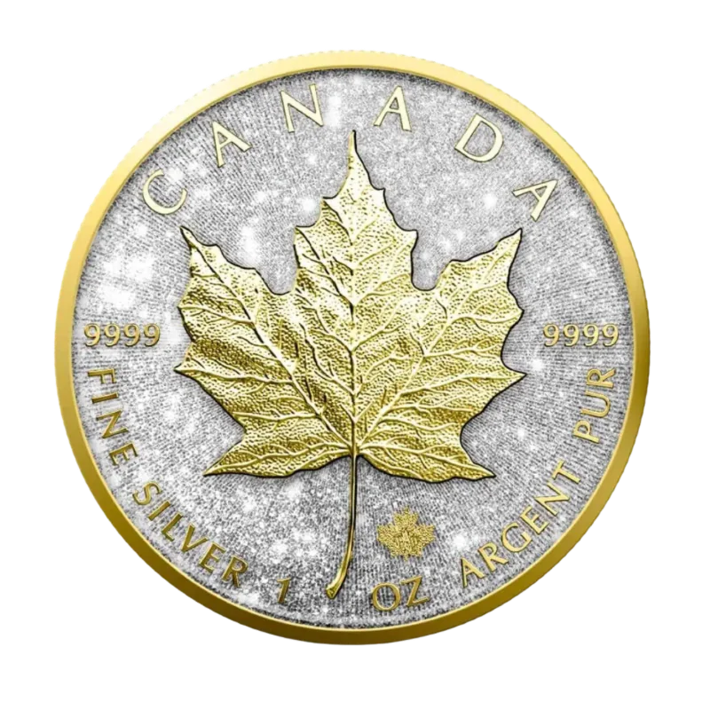 Canadian Maple Leaf Diamond Dust Silver Gilded Coin 1 Oz 2025