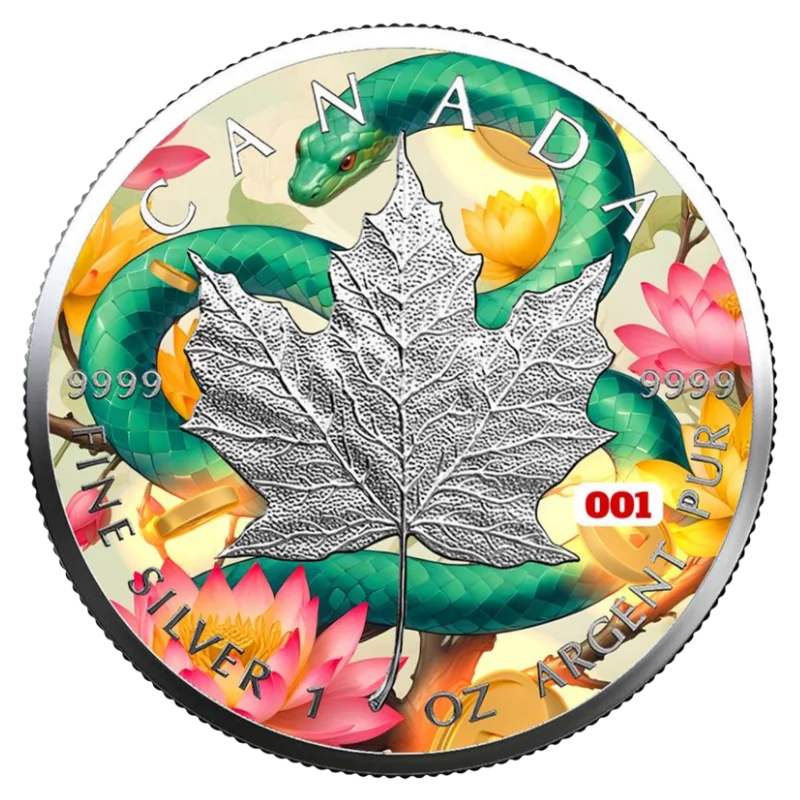 Canadian Maple Leaf - Year of the Snake Silver Color Coin 1 Oz 2025