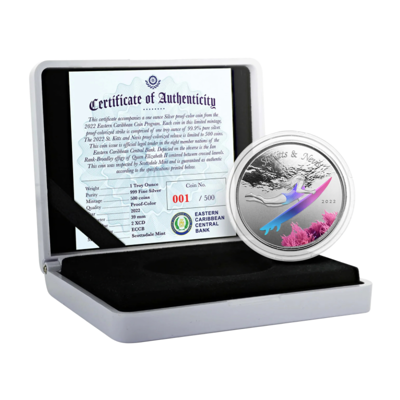 St. Kitts & Nevis Underwater Surfer Silver Color Coin 1 Oz 2022