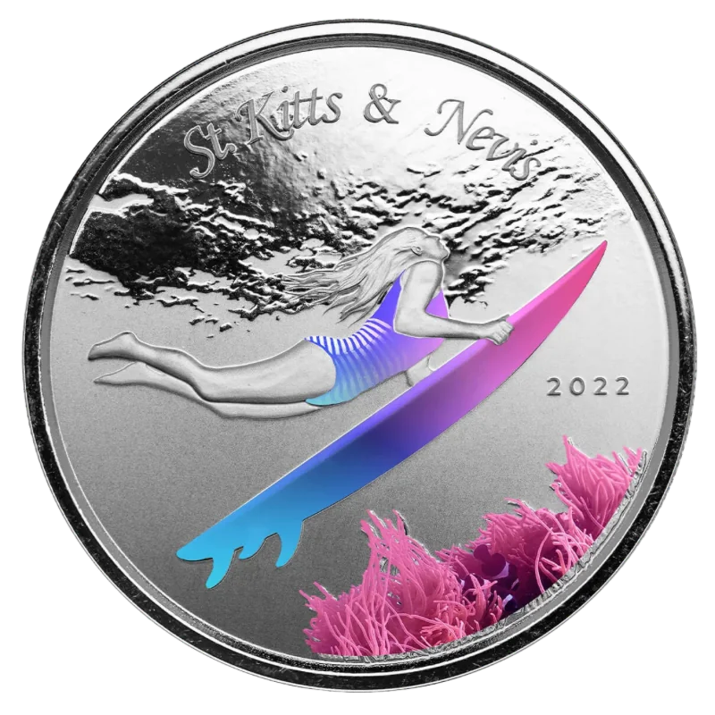 St. Kitts & Nevis Underwater Surfer Silver Color Coin 1 Oz 2022