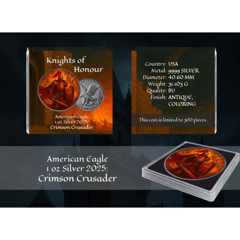 American Eagle – Knights of Honour – Crimson Crusader Silver Color Coin Antiqued 1 Oz 2025