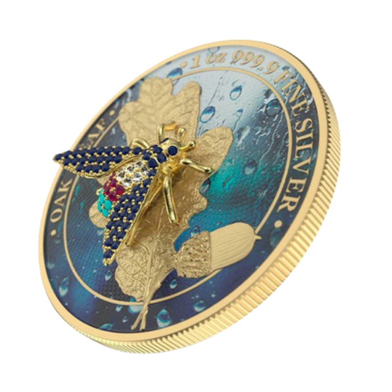 Mythical Forest – Bejeweled Oak leaf Silver Gilded Color Coin 1 Oz 2019