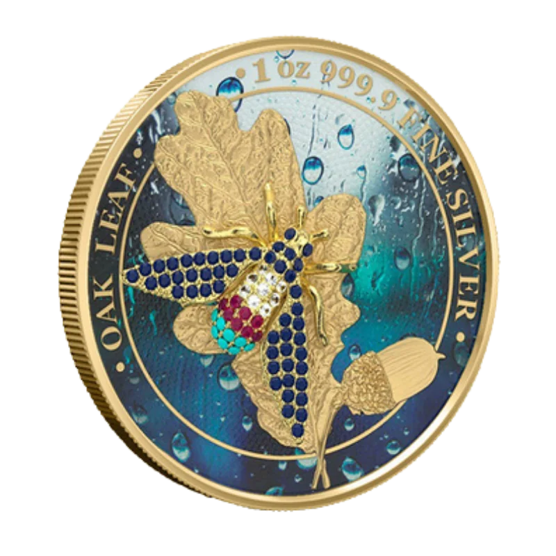 Mythical Forest – Bejeweled Oak leaf Silver Gilded Color Coin 1 Oz 2019