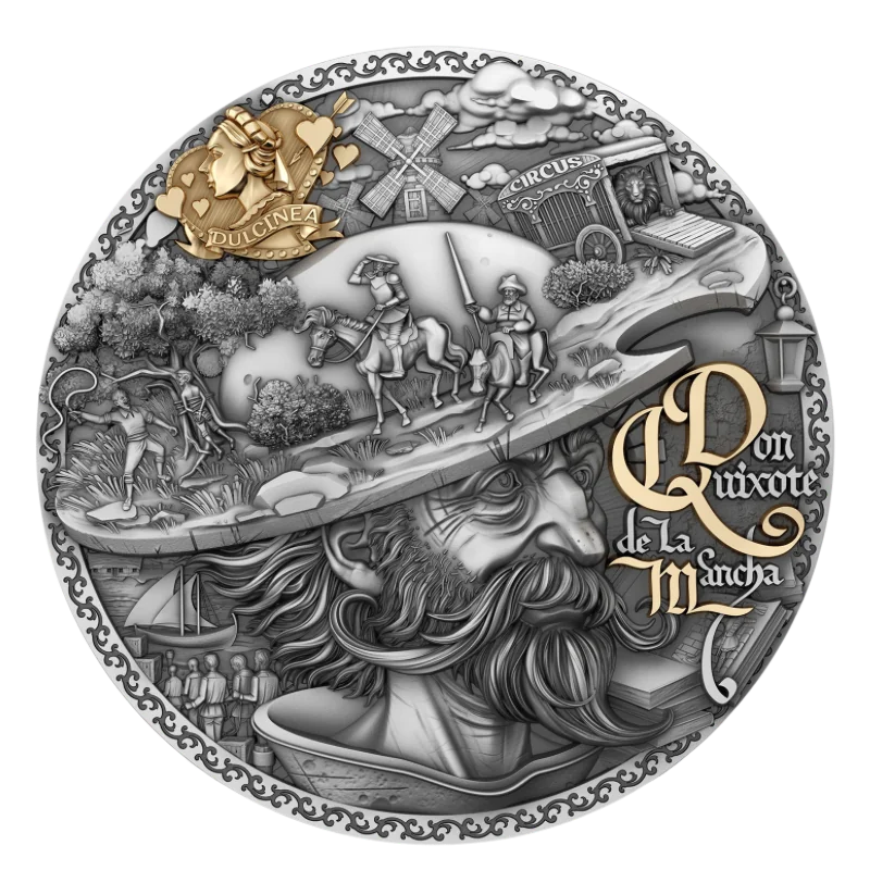 World of Stories - Don Quixote de La Mancha Silver Gilded Coin Antiqued 2 Oz 2024