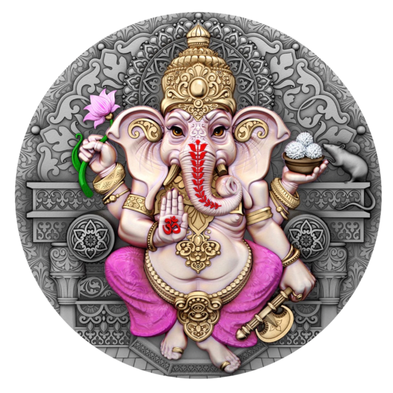 Hindu Pantheon - Ganesha Silver Gilded Color Coin Antiqued 2 Oz 2025