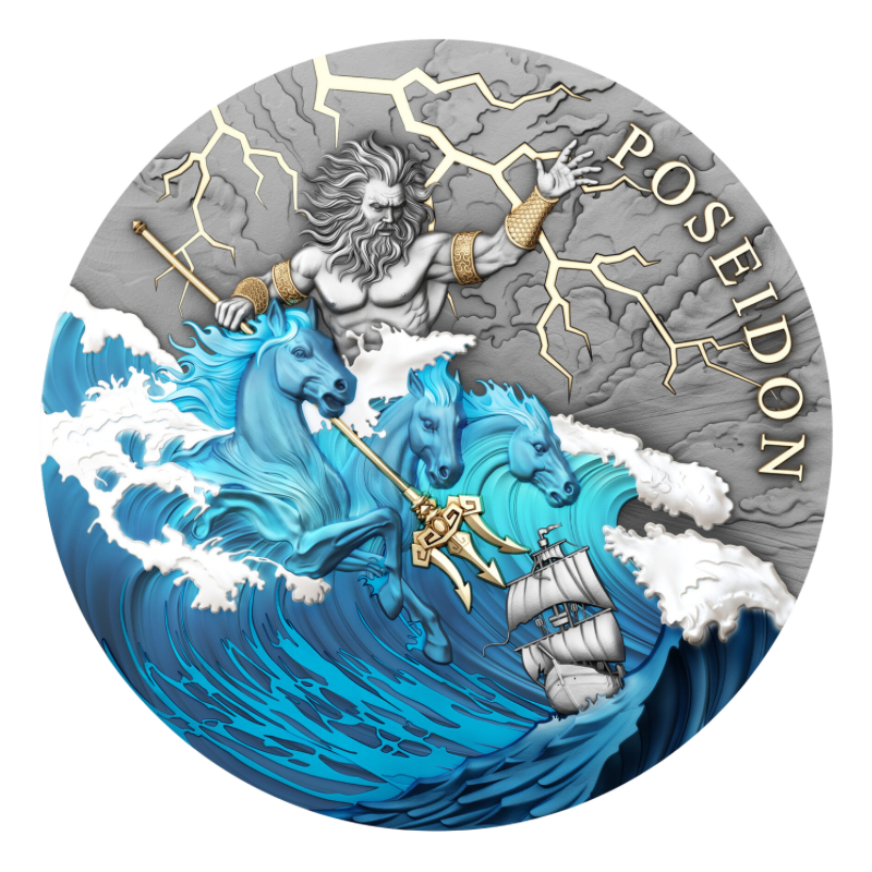 Poseidon Silver Gilded Color Coin Antiqued 2 Oz 2026