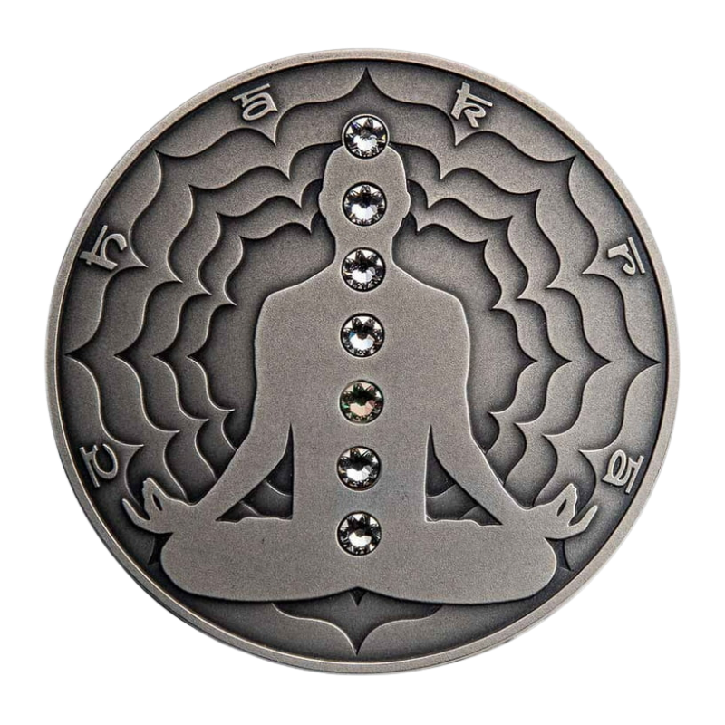 Seven Chakras - Manipura Chakra Silver Coin Crystal Inserts Antiqued 2 Oz 2021
