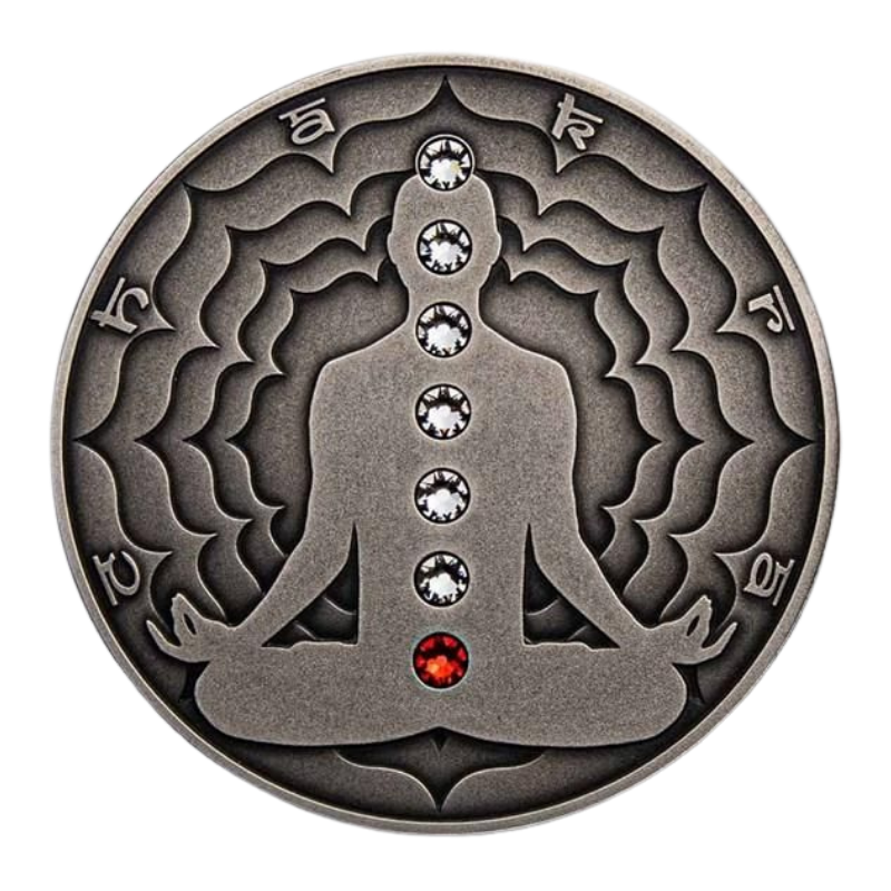 Seven Chakras - Muladhara Chakra Silver Coin Crystal Inserts Antiqued 2 Oz 2021