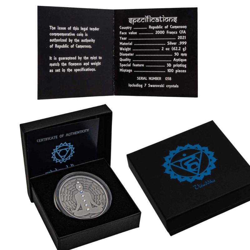 Seven Chakras - Vishuddha Chakra Silver Coin Crystal Insert Antiqued 2 Oz 2021
