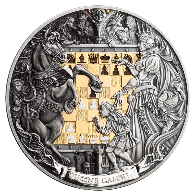 Chess Battle - Queen's Gambit Silver Gilded Coin Antiqued 3 Oz 2026
